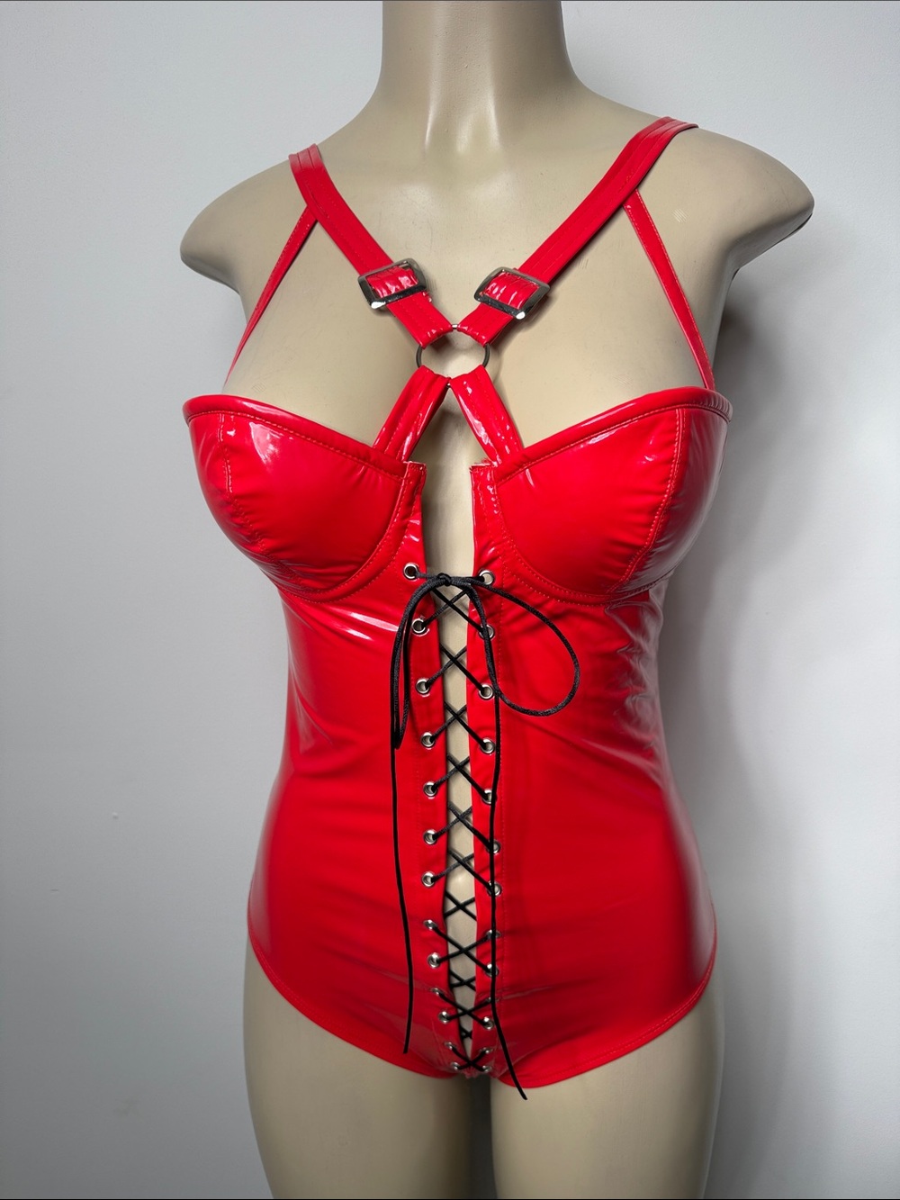 Red Lace-Up Faux Leather Bodysuit Top